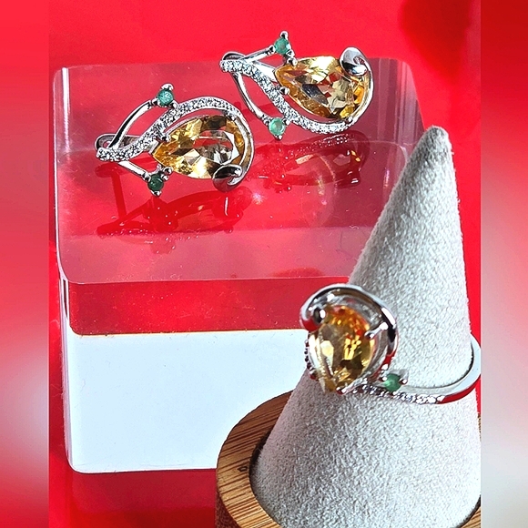 Natural Citrine & Emerald 925 Sterling Silver Set of Ring (Sz 8) & Earrings. - Picture 10 of 12